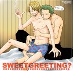  2boys blond_hair blonde_hair boxers cigarette green_hair lingerie male male_focus multiple_boys one_piece roronoa_zoro sanji shirtless short_hair smoking text topless underwear yaoi zoro zosan 