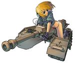  blonde_hair blue_eyes boots cannon caterpillar_tracks gloves ground_vehicle headphones mecha_musume military military_vehicle motor_vehicle original panties solo sturmgeschutz_iii tank underwear world_war_ii yasohachi_ryou 