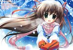  absurdres box brown_hair copyright_request gift green_eyes hair_ribbon heart-shaped_box highres holding holding_gift incoming_gift long_hair mitsui_mana ribbon scarf snow solo valentine 