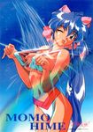  :p artist_request bikini blue_hair bow dancing_blade long_hair midriff momohime_(dancing_blade) one_eye_closed pink_bow solo swimsuit tongue tongue_out 