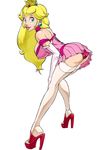  blonde_hair blue_eyes breasts choker cleavage crown dress earrings garters high_heels jewelry mario_(series) medium_breasts miniskirt nintendo panties pink_dress princess_peach shoes skirt solo super_mario_bros. thighhighs underwear 