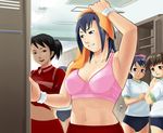  ayuhara_natsu blue_eyes blue_hair bra buruma gym_uniform justice_gakuen lingerie locker locker_room midriff multiple_girls pink_bra shiritsu_justice_gakuen smile sweat towel tsukinowa_kumatarou underwear 