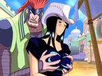  1girl artist_request bismarck_(one_piece) black_hair blush breast_grab breasts cowboy_hat facial_hair grabbing hat large_breasts long_hair nico_robin one_piece one_piece:_the_cursed_holy_sword shirt 