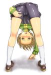  bend bent_over bike_shorts brown_eyes brown_hair cameltoe em jacket kneepits looking_through_legs persona persona_4 satonaka_chie short_hair skirt socks solo standing top-down_bottom-up track_jacket upside-down 