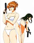  90s agent_aika aika_(series) arm_up ass assault_rifle bangs bare_arms bare_legs bare_shoulders blue_eyes bra breasts brown_eyes bullet cleavage collarbone cropped_legs crotch_seam earrings extra eyebrows_visible_through_hair folded_ponytail green_hair gun handgun highres holding holding_bullet holding_gun holding_weapon jewelry kneepits lace lace-trimmed_bra lace-trimmed_panties large_breasts lingerie lipstick long_hair looking_back makeup multiple_girls navel official_art panties pantyshot ponytail red_lips rifle scan smile standing stg44 sumeragi_aika trefoil underwear underwear_only weapon white_background white_bra white_delmo white_panties yamauchi_noriyasu 