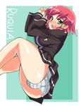  aqua_eyes ass bad_id bad_pixiv_id blush breasts large_breasts open_mouth panties quiz_magic_academy red_hair ruquia school_uniform shiden_(sashimi_no_wife) short_hair skirt solo striped striped_panties thighs trefoil underwear upskirt 