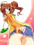  ahoge asoka ass blue_eyes blush brown_hair idolmaster idolmaster_(classic) idolmaster_1 panties raglan_sleeves solo takatsuki_yayoi twintails underwear upskirt 