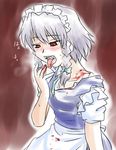  bite_mark blood braid fangs hair_ribbon izayoi_sakuya maid open_mouth red_eyes ribbon short_hair silver_hair solo supon tongue touhou twin_braids vampire 