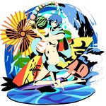  abstract barefoot blue_hair blue_scarf food fruit hashimochi holding holding_food holding_fruit ice_cream kaito male_focus naked_scarf nude scarf solo surfboard vocaloid watermelon 