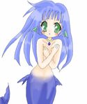  1girl blue_hair fins green_eyes long_hair lowres madou_monogatari mermaid monster_girl puyopuyo seriri solo topless 