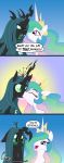  blue_hair blush changeling comic covering_mouth crown dialogue duo equid fangs female female/female friendship_is_magic green_eyes hair hair_over_eye hi_res horn kissing mammal multicolored_hair my_little_pony omny87 princess_celestia_(mlp) purple_eyes queen_chrysalis_(mlp) surprise unicorn 