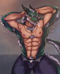  617foreverwithy anthro armpit_hair beard clothed clothing dragon facial_hair fur green_scales horn kemono looking_at_viewer male muscular muscular_male nipples open_pants pose pubes scales scalie smile solo topless white_fur 