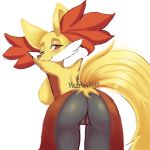  1girl animal_ear_fluff animal_ears artist_name ass bent_over blush breasts clitoral_hood closed_mouth cowboy_shot creatures_(company) delphox female fox_ears fox_tail from_behind furry game_freak gen_6_pokemon half-closed_eye happy highres jpeg_artifacts large_breasts looking_at_viewer looking_back mezmaroon nintendo no_humans one_eye_closed pokemon pokemon_(creature) presenting pussy red_eyes shiny shiny_skin signature simple_background smile solo standing tail white_background wink 