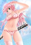  armpits bad_id bad_pixiv_id bikini breasts club copyright_request day green_eyes hair_bobbles hair_ornament heart heart_print long_hair medium_breasts navel obiwan pink_hair print_bikini sky solo swimsuit thighhighs two_side_up water weapon 