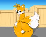  2_tails anthro anus backsack balls big_butt blue_eyes butt canid canine clothing crate dipstick_tail fox fur gloves hi_res looking_back male mammal miles_prower multi_tail multicolored_tail nude rear_view solo sonic_(series) spread_butt spreading thick_thighs video_games vun yellow_fur 