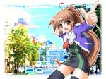  artist_request black_legwear brown_eyes brown_hair copyright_request long_hair non-web_source panties pantyshot pointing ponytail school_uniform solo thighhighs underwear wallpaper 