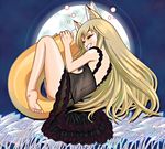  animal_ears barefoot blonde_hair closed_eyes feet fox_ears full_moon janome_gochou long_hair moon original panties see-through solo tail thong underwear 