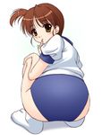  ass blush brown_hair buruma gym_uniform kyon_no_imouto looking_back narutaki_shin socks solo squatting suzumiya_haruhi_no_yuuutsu yellow_eyes 