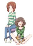  2girls :d akiyama_yukari bandage bandaid bangs barefoot blue_pants blue_shorts boko_(girls_und_panzer) brown_eyes brown_hair camouflage_shirt casual chair closed_mouth commentary_request denim eyebrows_visible_through_hair eyes_closed girls_und_panzer green_shirt grey_legwear hands_on_lap holding holding_stuffed_animal hood hoodie jeans light_blue_hair long_sleeves looking_at_viewer messy_hair monolith_(suibou_souko) multiple_girls nishizumi_miho no_shoes office_chair on_ground open_mouth pants shirt short_hair shorts simple_background sitting smile socks striped striped_shirt stuffed_animal stuffed_toy teddy_bear white_background zipper 