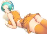  aqua_hair ass bad_id bad_pixiv_id bare_shoulders blue_eyes blush earrings gloves jewelry kafra kage_yuu looking_at_viewer lying midriff no_panties on_stomach orange_legwear ragnarok_online short_hair simple_background solo thighhighs white_background white_gloves 