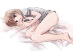  alice_margatroid barefoot brown_hair feet fetal_position no_pants open_clothes open_shirt panties pino_(birthdayparty) shirt short_hair solo touhou underwear 