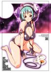  aida_kan_mori all_fours bare_shoulders barefoot breasts cable cleavage copyright_request cross fingerless_gloves full_body gloves large_breasts moon night panties red_eyes short_hair sitting solo underwear 