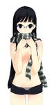  artist_request black_hair blue_eyes breasts cleavage copyright_request covering covering_breasts glasses long_hair medium_breasts navel panties scarf short_shorts shorts solo striped striped_panties striped_scarf underwear 