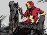  bandages battle belt blonde_hair blood boots claws crossover duel gunji hood hoodie hunter_(left4dead) left_4_dead male_focus multiple_boys shirtless swan_(doesu) tattoo togainu_no_chi tongue zombie 