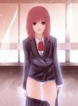  akitama bad_id bad_pixiv_id brown_eyes copyright_request jacket long_hair necktie panties red_hair school_uniform shirt skirt solo underwear undressing 