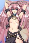  adjusting_hair armband armpits arms_up belt blue_eyes breasts cleavage covered_nipples hairband large_breasts long_hair megurine_luka midriff navel no_bra panties pink_hair pixelated shirokuma_a smile solo standing underwear vocaloid white_panties zoom_layer 