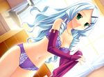  blue_hair bra breasts cleavage dutch_angle game_cg green_eyes hair_ornament hairpin himukai_kyousuke lili:miesta lingerie medium_breasts navel panties purple_bra purple_panties shinonome_airi solo underwear underwear_only undressing 