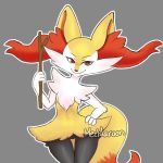  1girl animal_ear_fluff animal_ears braixen closed_mouth cowboy_shot creatures_(company) female fox_ears fox_tail furry game_freak gen_6_pokemon grey_background half-closed_eyes hand_on_hip hand_up happy highres holding jpeg_artifacts looking_at_viewer mezmaroon navel nintendo no_humans outline pokemon pokemon_(creature) red_eyes simple_background smile solo standing stick tail thigh_gap white_outline 