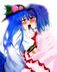  blue_hair blush capelet chocolate couple food frills fruit hat hazuki_kasane highres hinanawi_tenshi kiss long_hair multiple_girls nagae_iku no_hat no_headwear peach red_eyes ribbon short_hair touhou valentine yuri 