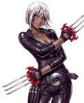  belt bodysuit breasts claws cleavage dark_skin dual_wielding facial_mark gloves holding kunai leather lipstick makeup medium_breasts noel_(yamashita_shunya) original short_hair skin_tight solo standing tattoo weapon white_hair yamashita_shun'ya yellow_eyes zipper 