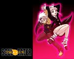  1girl artist_request boots brown_eyes gloves grey_hair headband maka_albarn necktie panties skirt smile soul_eater soul_eater_(character) underwear upskirt wallpaper white_hair 