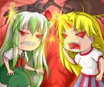  angry bad_id bad_pixiv_id battle beetle blonde_hair bug confrontation ex-keine green_hair haty horn horn_ribbon horns hoshiguma_yuugi insect kamishirasawa_keine lightning_glare long_hair multiple_girls ribbon stag_beetle touhou very_long_hair 