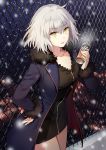  ahoge bangs black_dress blue_coat blurry blurry_background breasts breathing can canned_coffee chain-link_fence city_lights coat collarbone commentary dress eyebrows_visible_through_hair fate/grand_order fate_(series) fence fur-trimmed_coat fur_trim hand_on_hip holding holding_can ice_(ice_aptx) jeanne_d'arc_(alter)_(fate) jeanne_d'arc_(fate)_(all) large_breasts looking_at_viewer open_mouth outdoors rooftop short_hair silver_hair smile snow snowing solo tsurime yellow_eyes 