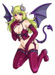  1girl bare_shoulders blush breasts cleavage collar corset demon demon_girl demon_tail demon_wings earrings elbow_gloves female garters gloves green_hair horns jewelry kenkou_cross kenkou_kurosu long_hair looking_at_viewer mamono_girl_lover midrifff monster_girl_encyclopedia navel pointy_ears purple_eyes simple_background smile solo succubus succubus_(mamono_girl_lover) tail thighhighs white_background wings 