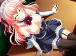  amber_quartz arm_support black_legwear bow breasts closed_eyes game_cg garters himeji_sarina long_hair maid medium_breasts pink_hair ribbon solo thighhighs topless tsukasa_yuuki 