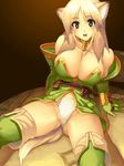  animal_ears breasts cleavage elbow_gloves fantasy_earth_zero gloves green_eyes highres large_breasts no_pants solo spread_legs tail thighhighs yn_red 