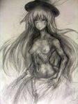  binayu breasts greyscale hat hinanawi_tenshi long_hair monochrome sketch small_breasts solo topless touhou traditional_media 