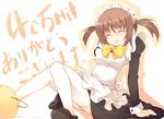  bow bowtie breasts brown_hair bucket closed_eyes fallen_down hits kurasuke kurasuke's_maid_girl maid maid_headdress medium_breasts original shirt short_hair sitting solo taut_clothes taut_shirt thighhighs translated twintails white_legwear 