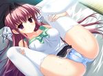  bed blue_panties blush bow bow_panties breast_press breasts cameltoe clear folded game_cg hair_bow knees_on_chest large_breasts leg_grab leg_hold long_hair lying mitha on_back panties purple_eyes solo sweat thighhighs tsukimura_miki underwear very_long_hair white_legwear 