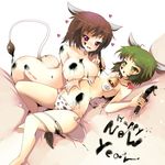  2girls animal_ears animal_print ass barefoot bell blush bodypaint breasts brown_hair calligraphy_brush chinese_zodiac cow cow_bell cow_ears cow_girl cow_print cow_tail green_eyes green_hair hanetsuki heart huge_breasts ippongui multiple_girls new_year original paintbrush painting panties pasties purple_eyes short_hair tail underwear year_of_the_ox yuri 