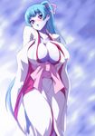  aoi_(gegege_no_kitarou) blue_hair blush breasts curvy gegege_no_kitarou huge_breasts japanese_clothes long_hair nekomamire pale_skin ponytail purple_eyes solo 