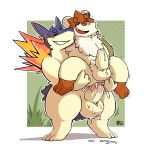  2019 anal anal_penetration anthro balls blush butt chesnaught cum cum_inside digital_media_(artwork) duo erection fur hi_res humanoid_penis male male/male mammal nintendo nude open_mouth penetration penis pok&eacute;mon pok&eacute;mon_(species) rabu_(character) raburigaron sex simple_background slightly_chubby smile tongue typhlosion video_games 