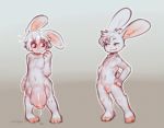  anthro balls big_balls big_penis blush confident embarrassed eye_contact fur girly huge_balls huge_penis lagomorph looking_at_penis male male/male mammal navel nude panken penis precum rabbit simple_background small_cock smile standing sweat white_fur 