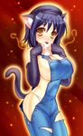  animal_ears baozi breasts cat_ears cat_tail denim detached_sleeves eating food hat highres ishida_hiroyuki large_breasts naked_overalls original overalls purple_hair sideboob solo tail torn_clothes yellow_eyes 