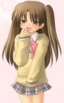  bow brown_eyes brown_hair crossdressing little_busters! lowres male_focus naoe_riki open_mouth otoko_no_ko pink_bow pink_ribbon plaid plaid_skirt ribbon school_uniform skirt smile solo twintails 