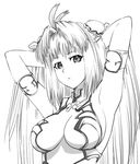  :&lt; armband armpits breasts bun_cover double_bun greyscale kos-mos large_breasts long_hair monochrome solo swimsuit ueyama_michirou underboob xenosaga xenosaga_episode_iii 